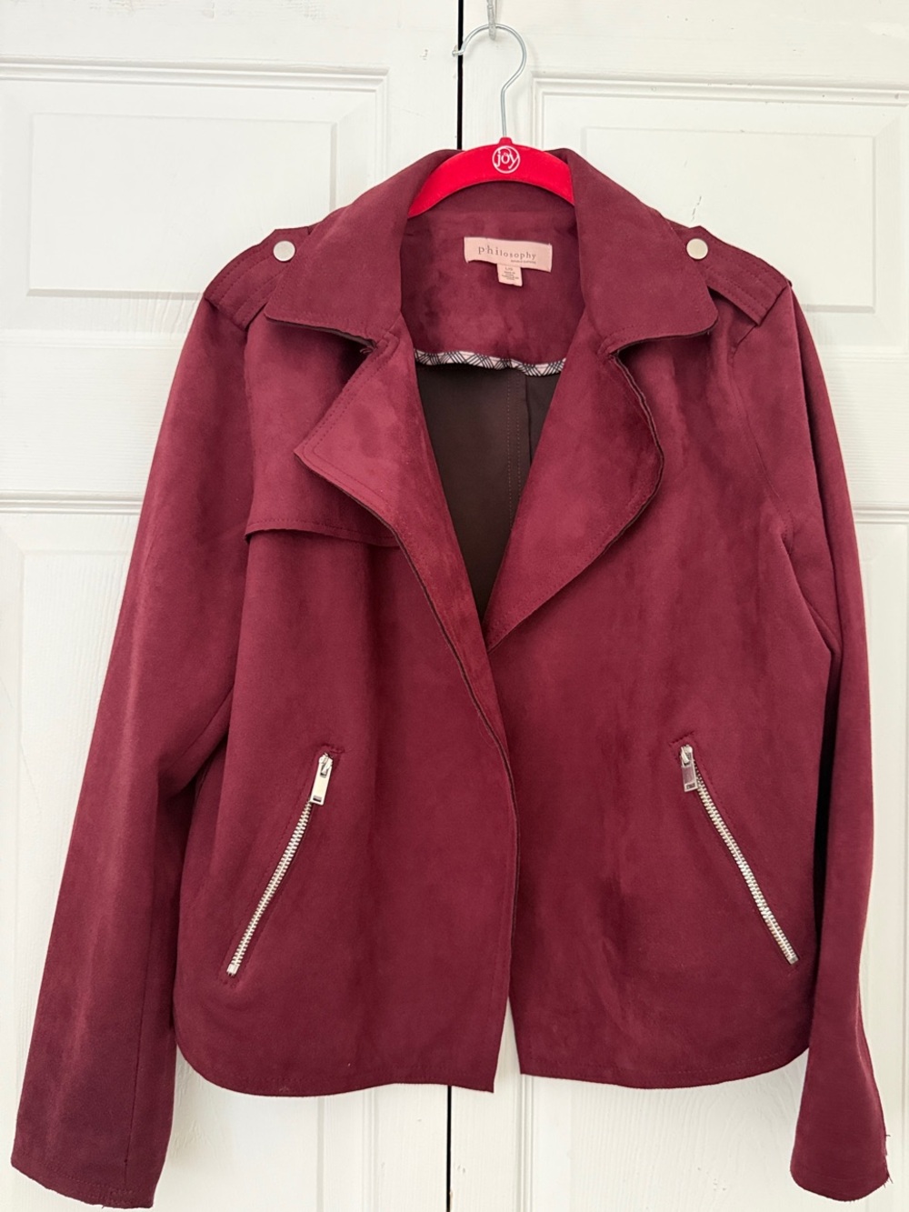 Philosophy Suede-Look Moto Jacket in Burgundy Red size L Chic Zip Detail Biker - Picture 3 of 16